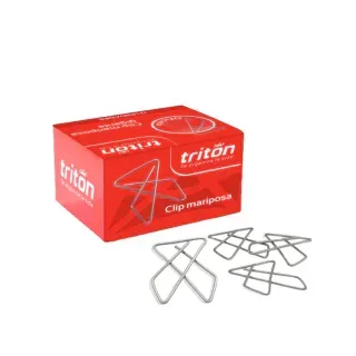 Caja roja de clips de papel en forma de mariposa Tritón, con varios clips mostrados.