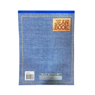 Cuaderno estilo denim de color azul rotulado “JEAN BOOK” y “BLOCK ESCOLAR”.