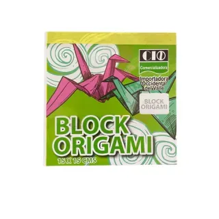Bloque de papel de origami, cuadrado, embalaje verde y blanco con ilustraciones de grullas de origami.