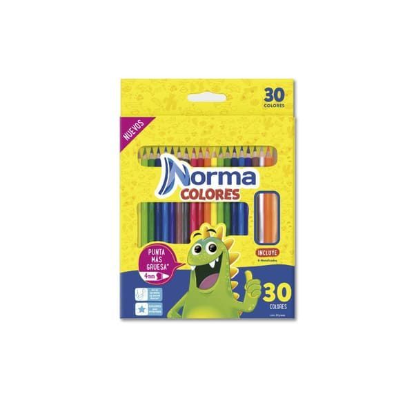 Caja de 30 lápices de colores con ilustración de un monstruo verde y la marca