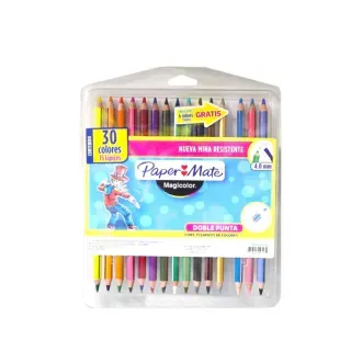 Juego de 30 lápices de colores Paper Mate Magicolor, de doble punta, en envase de plástico transparente.