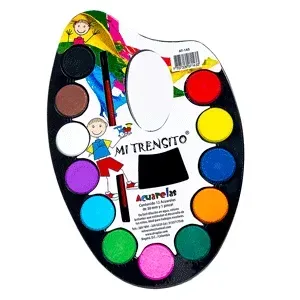 Paleta de acuarela con 12 colores; ilustración infantil en la parte superior izquierda.