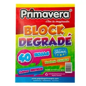 Paquete de papel marca “Primavera” con texto “BLOCK DEGRADE”, 40 hojas a color y etiqueta “Excelente CALIDAD”.