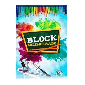 Portada de un bloque de papel cuadriculado con lápices de colores, salpicaduras de tinta y herramientas de dibujo.