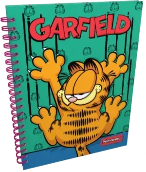 Cuaderno de Garfield con dibujo de gato, color naranja sobre verde, encuadernación en espiral.