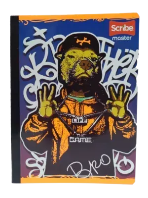 Cuaderno con un motociclista en la portada, luces de la ciudad y fondo oscuro.