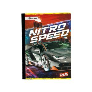 Cuaderno con título “Nitro Speed” y gráfico de coche deportivo.