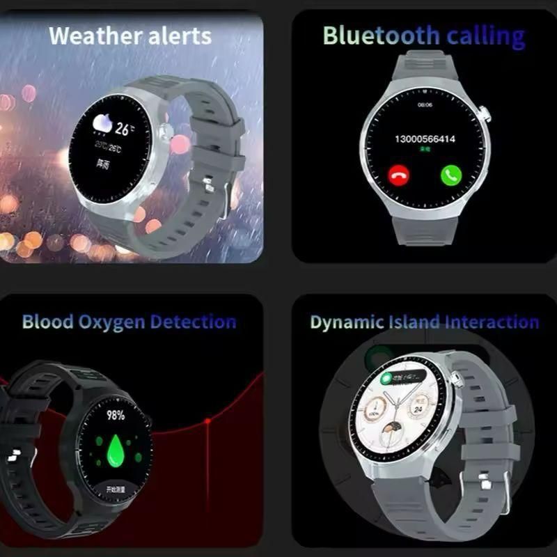 Reloj inteligente con pantalla circular negra y a color que muestra la hora, el clima y los datos de actividad.