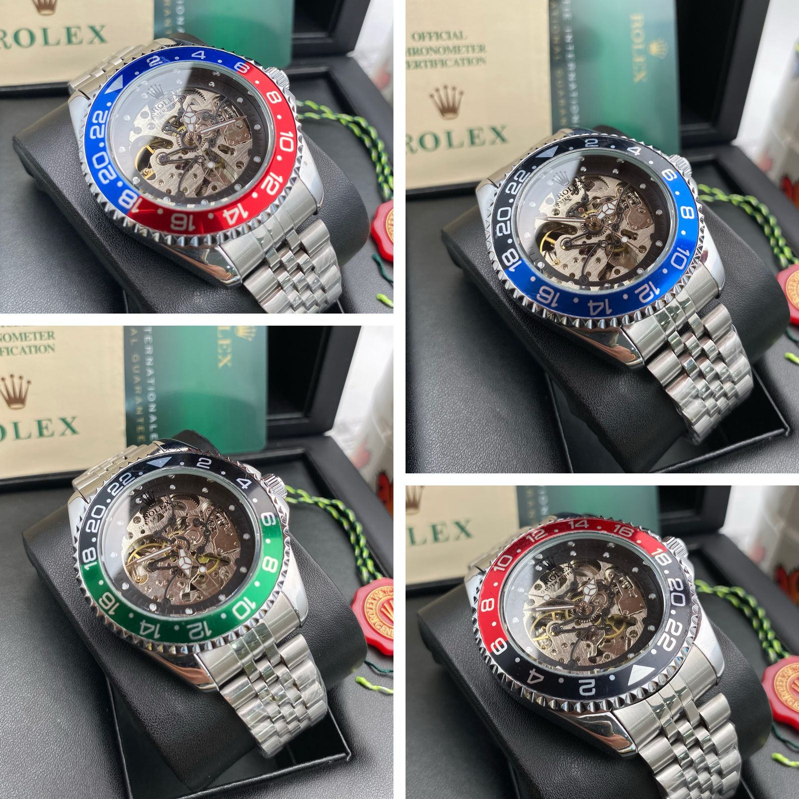 Cuatro relojes esqueletizados con biseles de diferentes colores: rojo/azul, azul, verde/negro, rojo/negro.