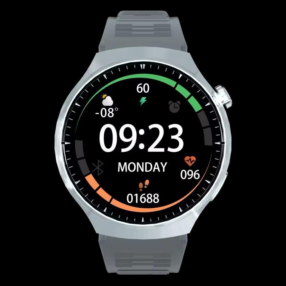 Reloj inteligente con pantalla circular negra y a color que muestra la hora, el clima y los datos de actividad.