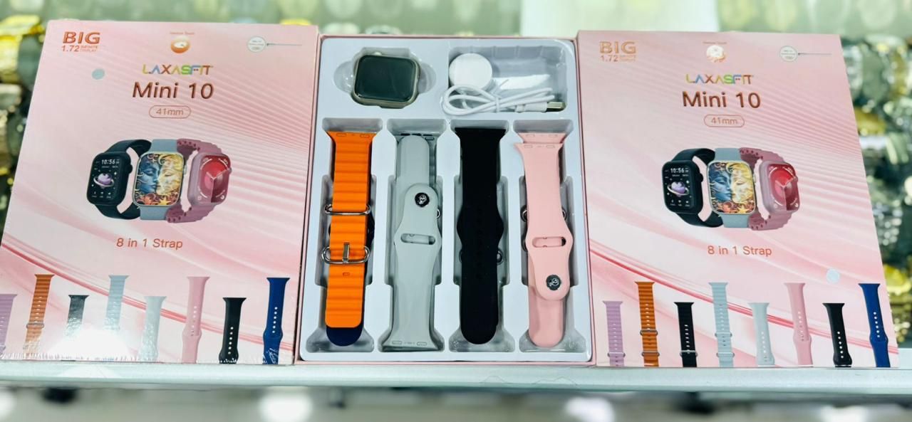 Smartwatch Mini 10 en caja con correas intercambiables: naranja, gris, negra y rosa.