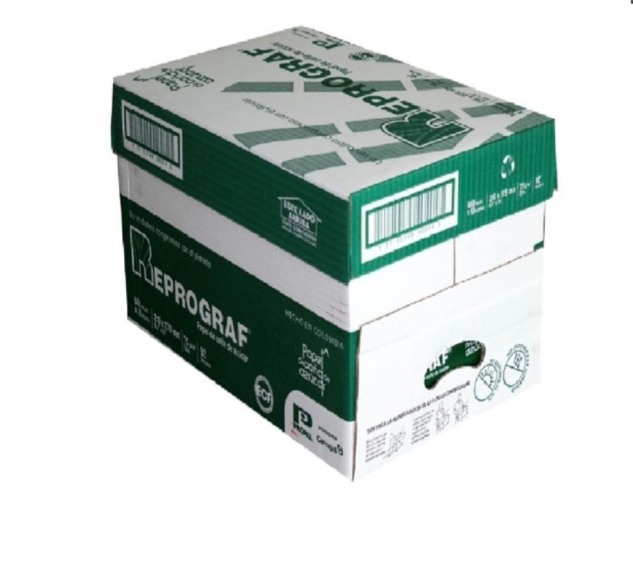 Caja de papel para impresora Lieprograf, color blanco con texto y acentos en verde.