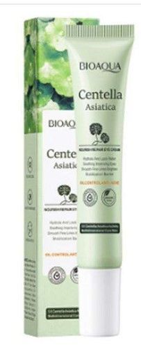 Tubo y caja de crema para ojos Biaoqua Centella Asiatica, de color verde claro y blanco con imágenes botánicas.