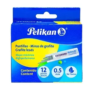 Caja de minas de grafito Pelikan, azules y amarillas, con texto