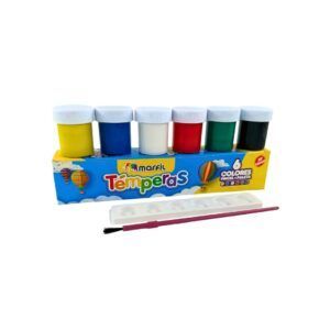 Juego de seis botes de pintura témpera en varios colores, con pincel y paleta.