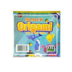 Bloque de papel de origami, empaque azul, con la palabra