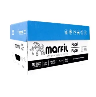 Caja de papel blanco marca “Marfil” para uso de oficina y escolar, tapa azul.