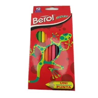 Caja de lápices de colores Berol, packaging rojo con un lagarto y 12 lápices visibles.