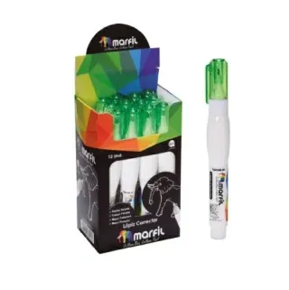 Caja expositora de correctores líquidos con un único bolígrafo, color blanco y verde.