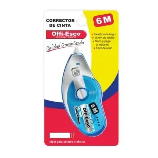Dispensador de cinta correctora Offi-Esco azul y blanca. Cinta de 6 m. En cartulina roja y amarilla.