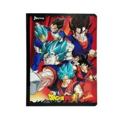 Portada de cuaderno de Dragon Ball Z con múltiples personajes en acción.