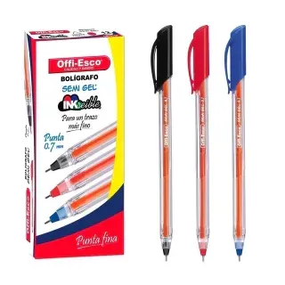 Caja de bolígrafos Offi-Esco con bolígrafos negros, rojos y azules fuera de la caja.