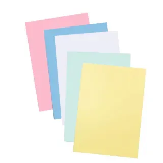 Pila de papel de colores pastel: rosa, azul, blanco, verde y amarillo.
