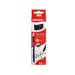 Pack de lápices Kores con 12 lápices de grafito, packaging rojo y blanco.