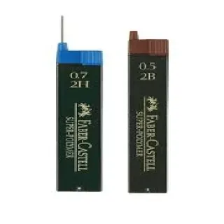 Dos recambios de mina para portaminas mecánicas Faber-Castell: uno con tapa azul de 0,7 2H y otro con tapa marrón de 0,5 2B.