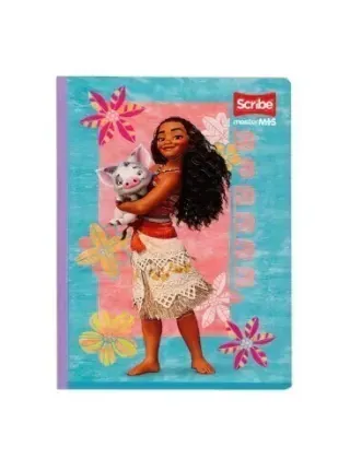 Cuaderno con Moana y el cerdito Pua. Fondo turquesa con flores rosas y amarillas.