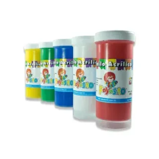 Cinco botellas de pintura acrílica de colores en fila, etiquetadas