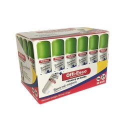 Caja de barras de pegamento compactas Offi-Esco. Tubos verdes y blancos en una caja de cartón.