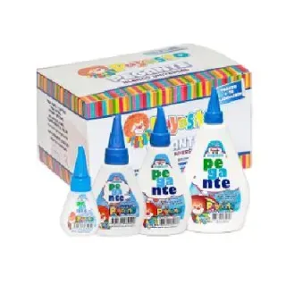 Botellas de pegamento blanco de varios tamaños con tapas azules, caja colorida en el fondo.