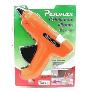 Pistola de pegamento Penmax naranja en embalaje.