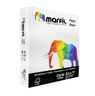 Caja de papel para impresora marca Marfil de color blanco con ilustración geométrica de un elefante colorido.