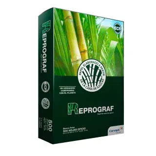 Caja de papel Reprograf elaborado a partir de caña de azúcar, embalaje verde y blanco.