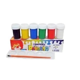 Estuche de pintura con seis colores, pincel y paleta. Los colores son morado, amarillo, azul, verde, rojo y blanco.