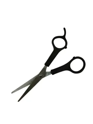 Tijeras de peluquero negras, abiertas y en ángulo, sobre fondo blanco.