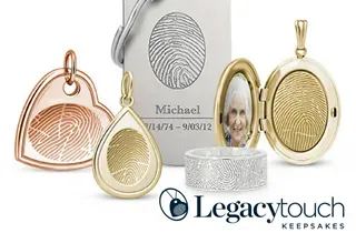 LegacyTouch keepsake jewelry pendants and necklace with fingerprint and photo engravings on a white background