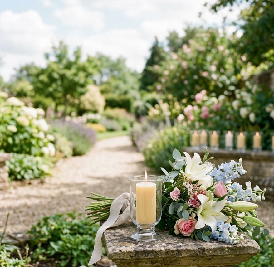 Elegant floral tribute with a candle in the El Monte, CA funeral home and cremations