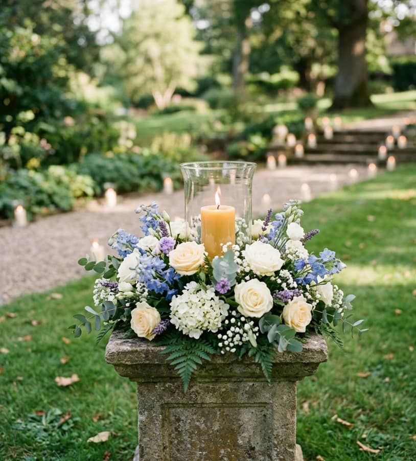 Garden pathway memorial with candle and blooms for Montebello, CA funeral home and cremations