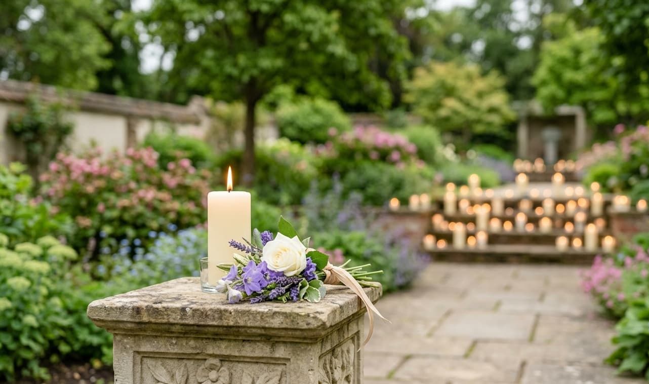 Outdoor memorial scene with candle and flowers at Montebello, CA funeral home and cremations