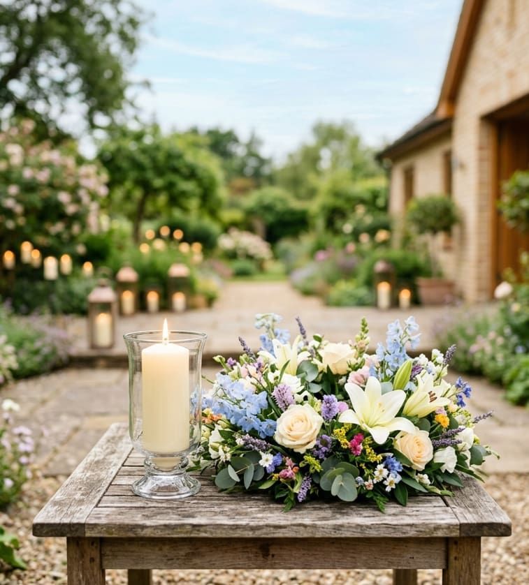 Outdoor memorial scene with candlelight and flowers at Downey, CA funeral home and cremations