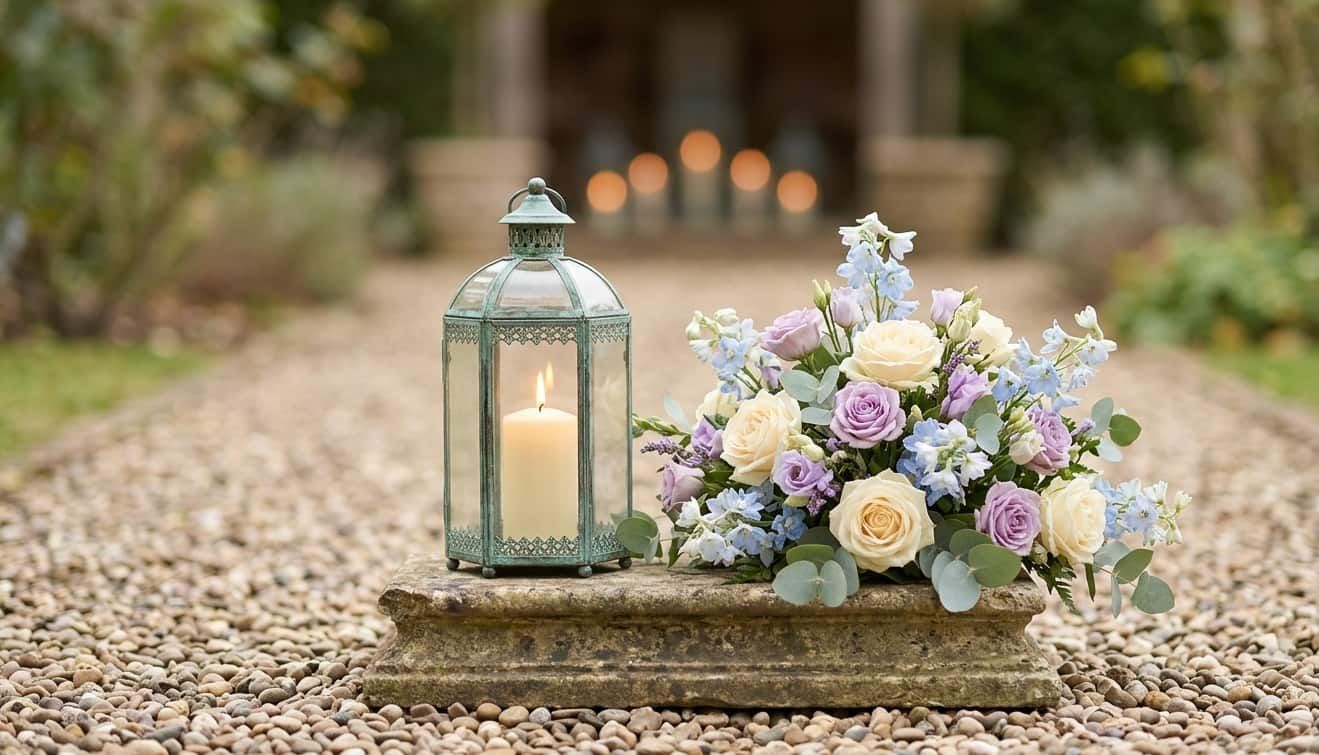 Serene tribute display with flowers and a candle at Downey, CA funeral home and cremations