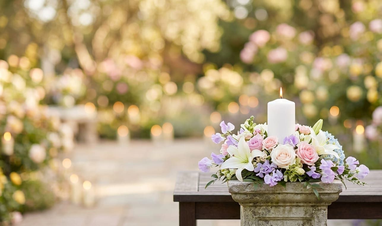 Soft pastel floral tribute with a candle in the El Monte, CA funeral home and cremations