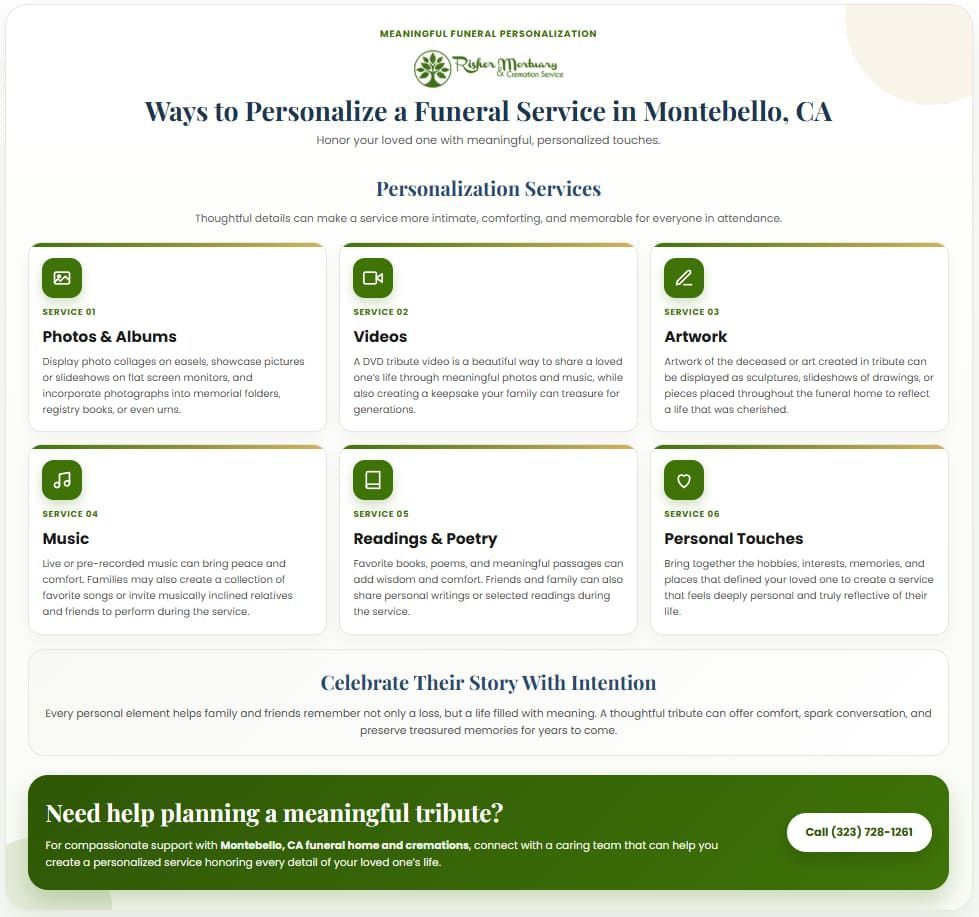 Infographic showing funeral personalization ideas and services Montebello, CA funeral home and cremations