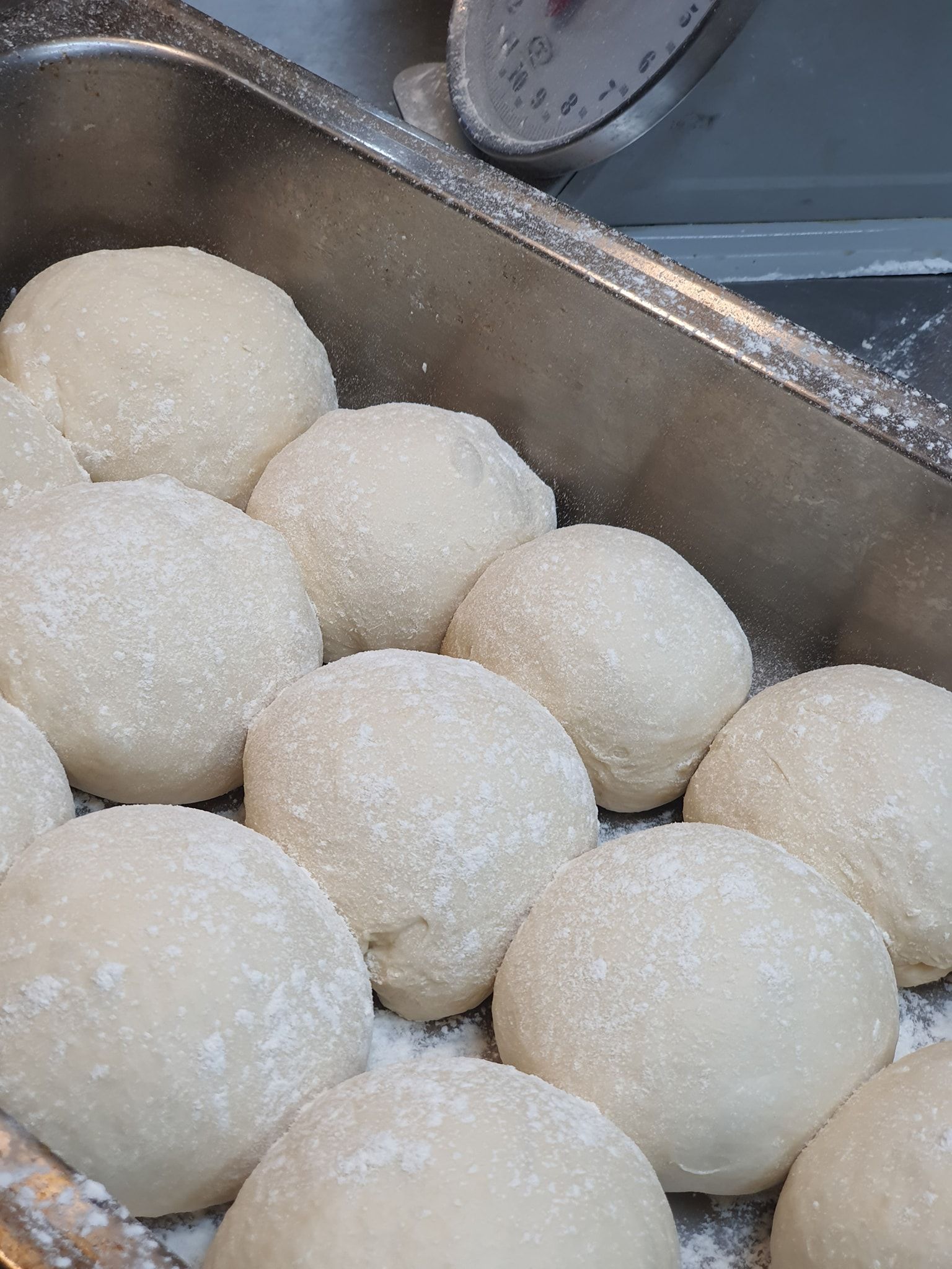 Round dough balls dusted with flour in a metal tray.