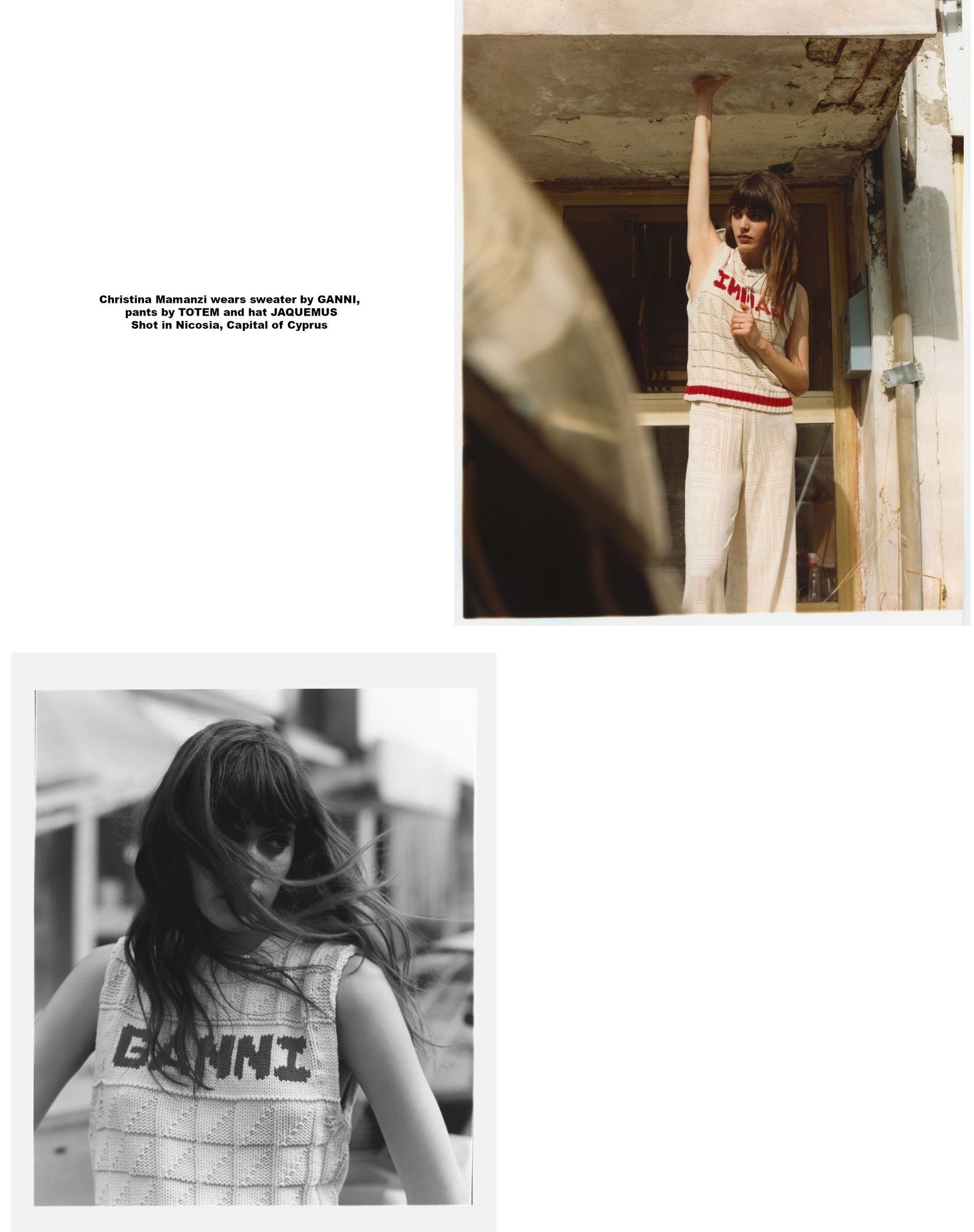 Zwei Fotos einer Frau in einem weißen Tanktop und einer weißen Hose. Eines in Farbe, eines in Schwarzweiß.