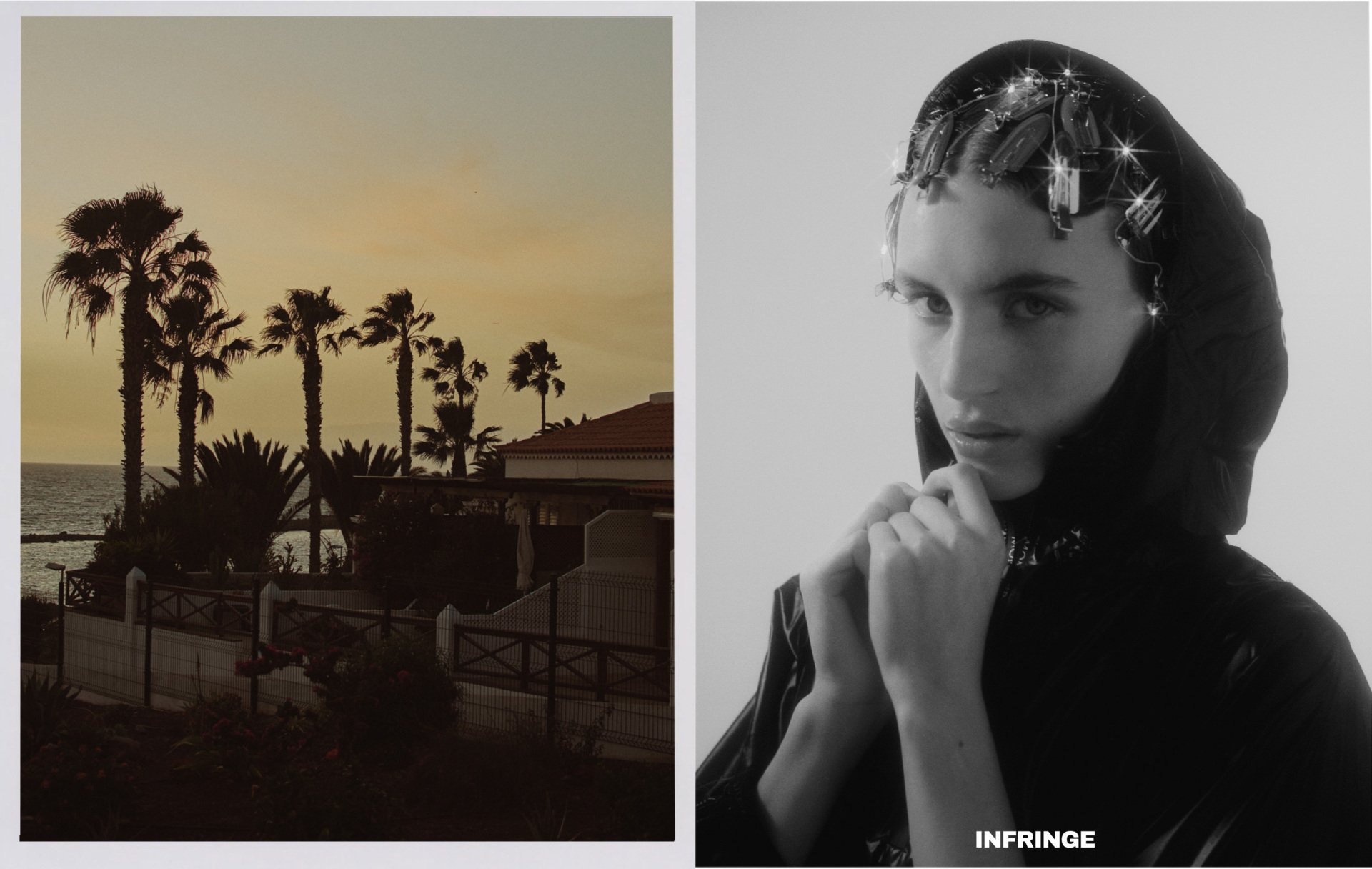 Links: Silhouette von Palmen in der Abenddämmerung. Rechts: Frau in einem Kapuzengewand mit Metallakzenten.