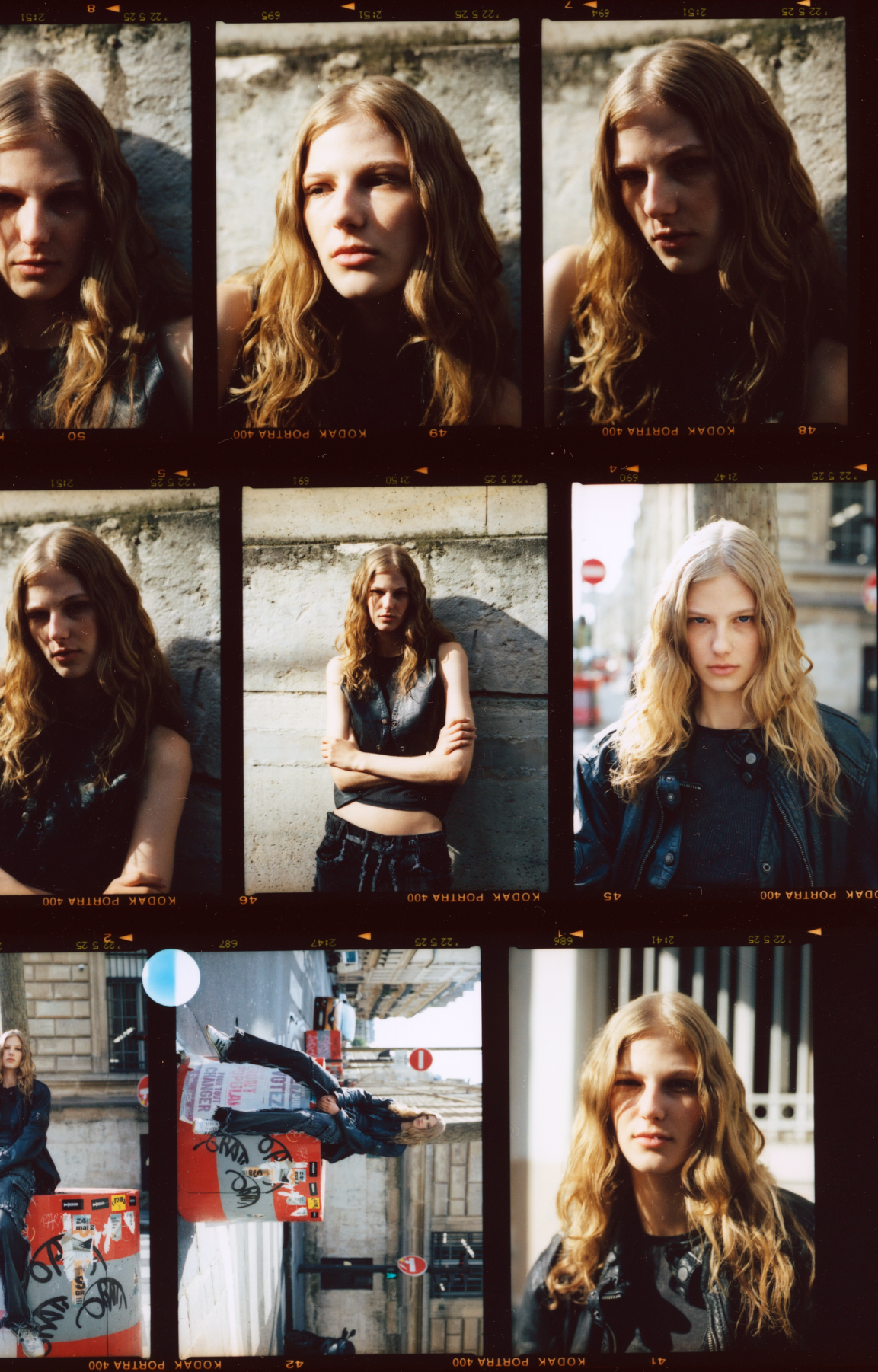 Filmstreifen einer Frau mit langem, welligem Haar, die im Freien in verschiedenen Outfits posiert.